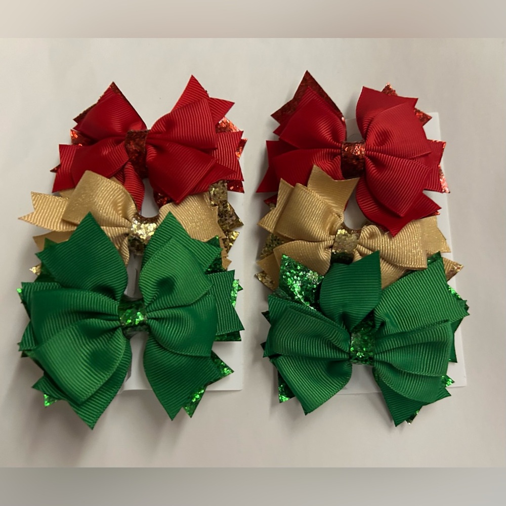 New Claire’s 6 Hair Clips Bows Sequins Red Gold Green 3 1/2" x 3 1/4"